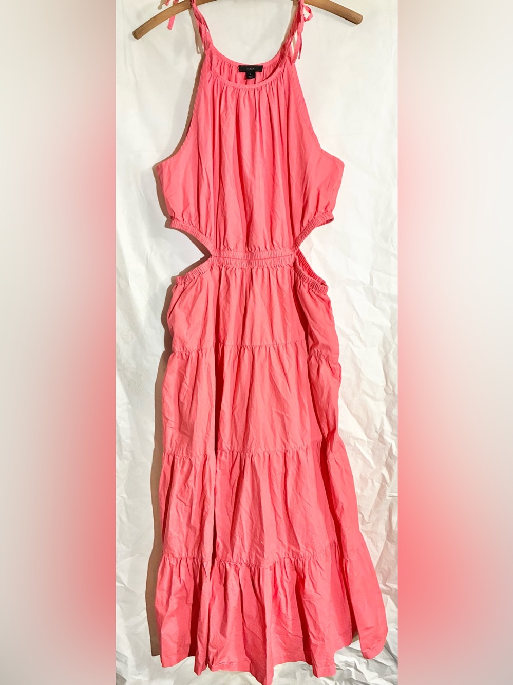 J Crew Cut Out Tiered Midi Dress Sz L Maxi Tie Straps Elastic Waist Party SU22